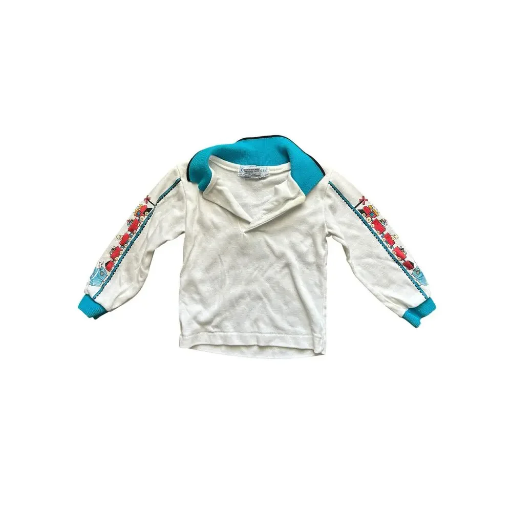 Vintage 90s OshKosh B'Gosh Train Sleeve Polo Shirt White Blue Size 24M USA Madr